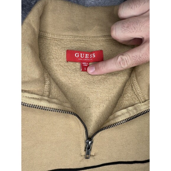 GUESS Los Angeles Half Zip Sweatshirt Small Tan Pullover Embroidered Logo - Picture 4 of 7